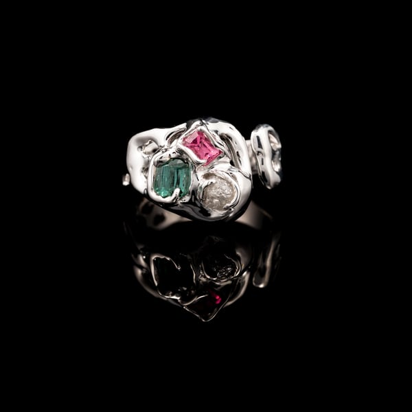 Diamond, Indigolite, and Rubellite Ring