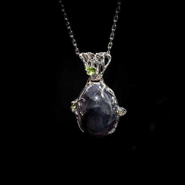 Pendant with Iolite, Peridots, and Petroleum Quartz