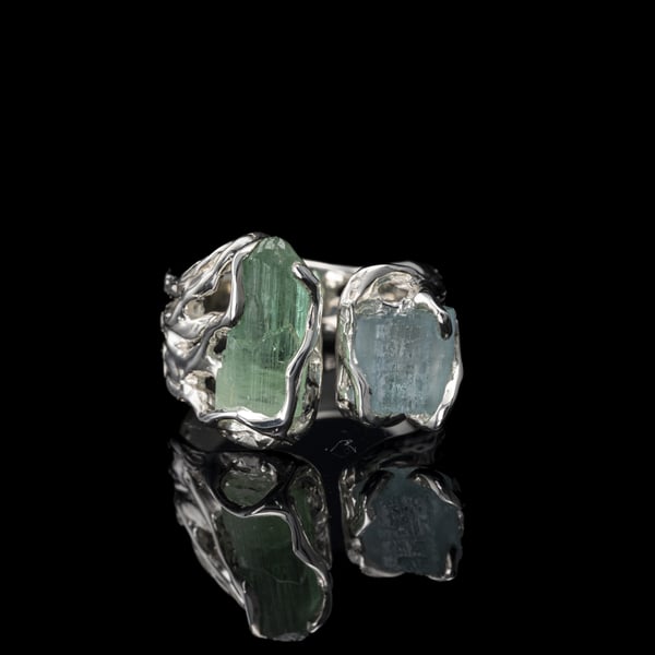 Каблучка з турмаліном та аквамарином