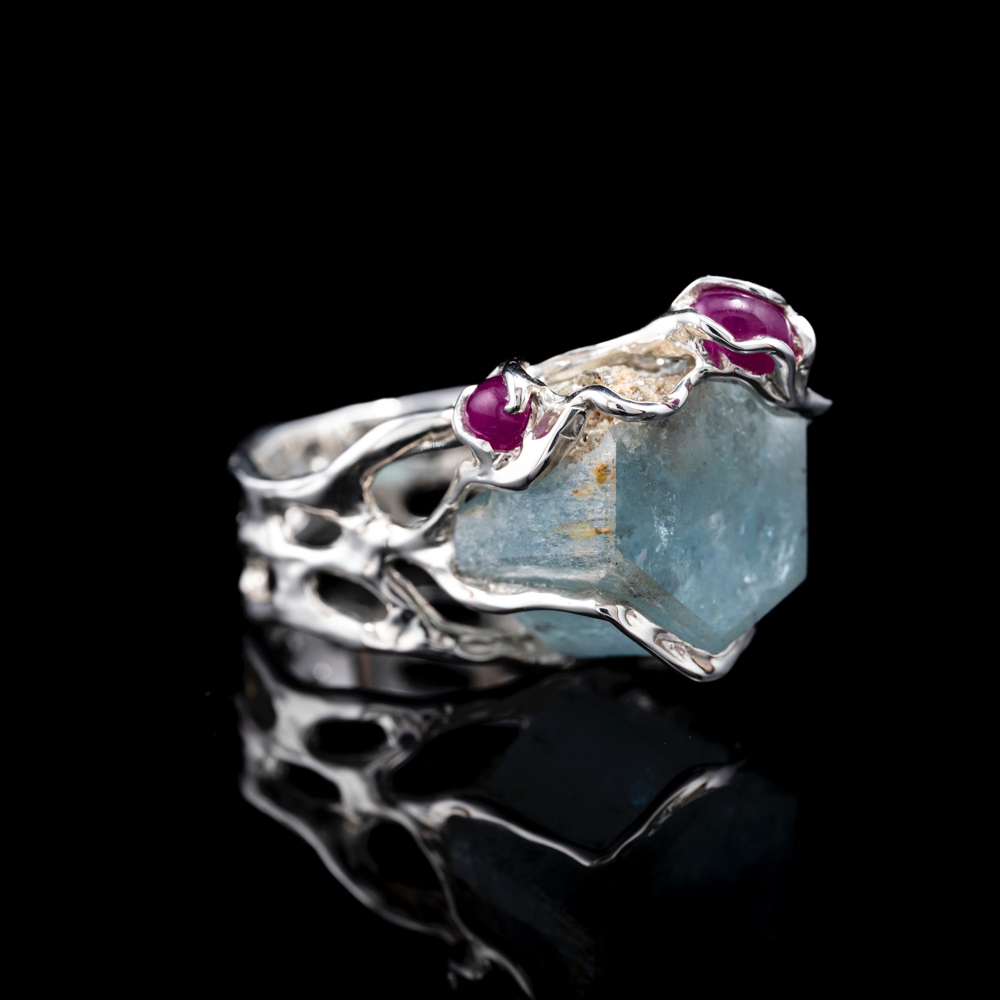 Каблучка з аквамарином та рубінами - зображення 3
