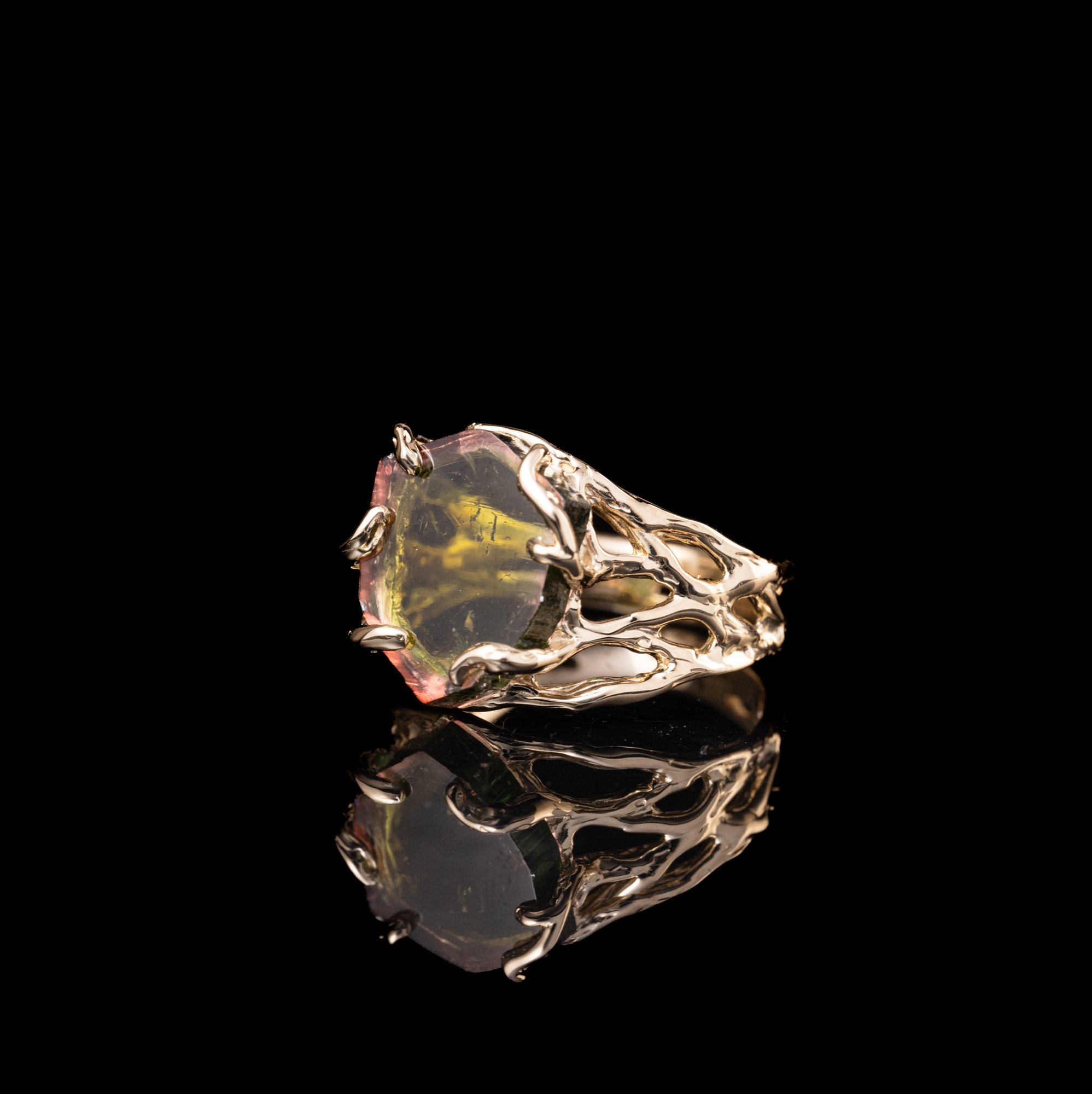 Каблучка з жовтого золота з кавуновим турмаліном - зображення 2