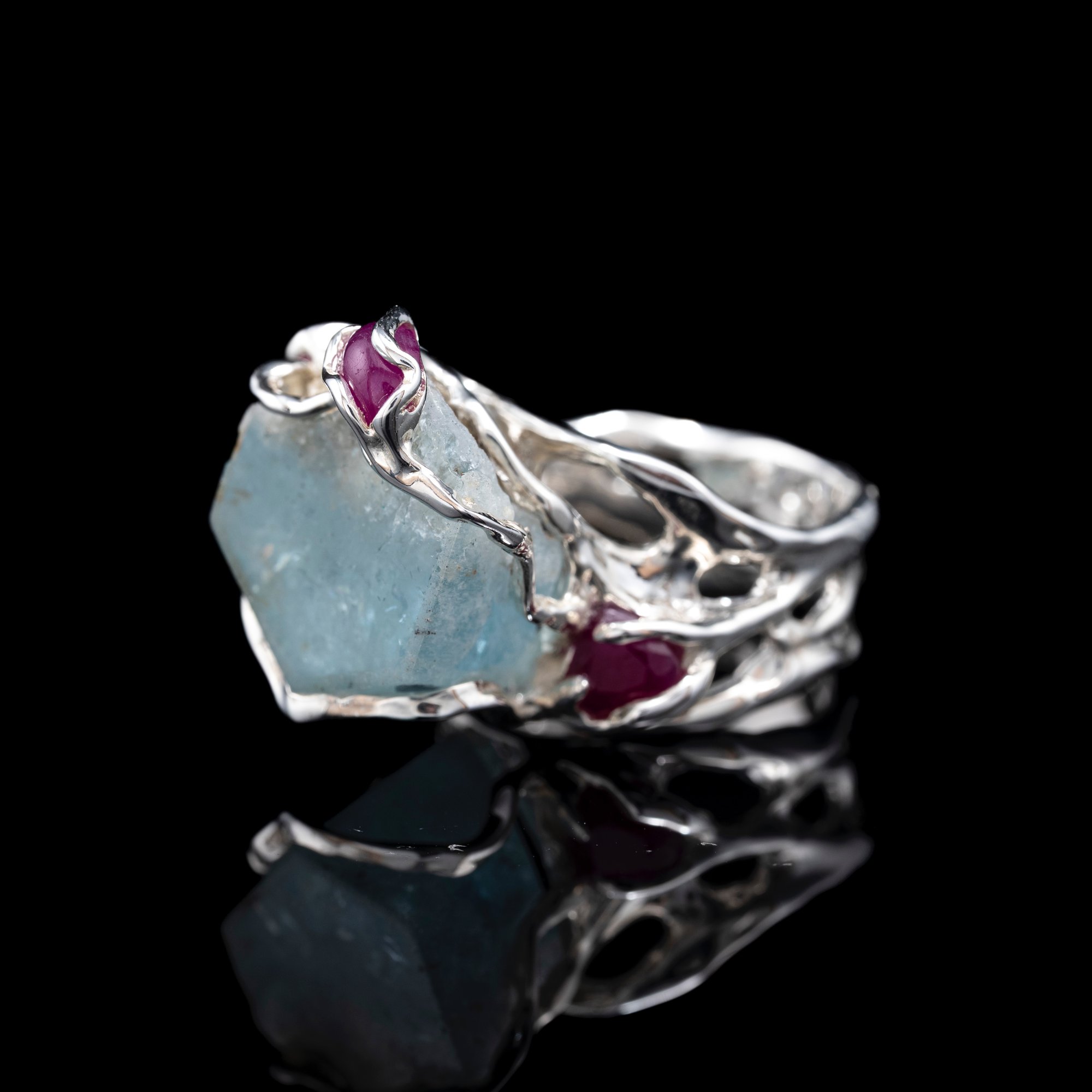 Каблучка з аквамарином та рубінами - зображення 2
