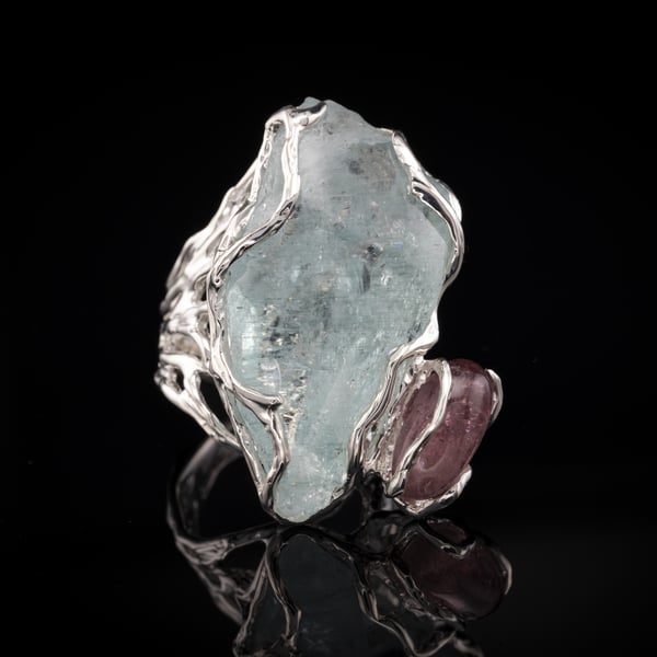 Каблучка з аквамарином та рубелітом