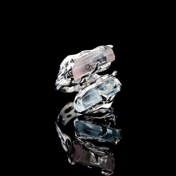 Каблучка з аквамарином та рубелітом