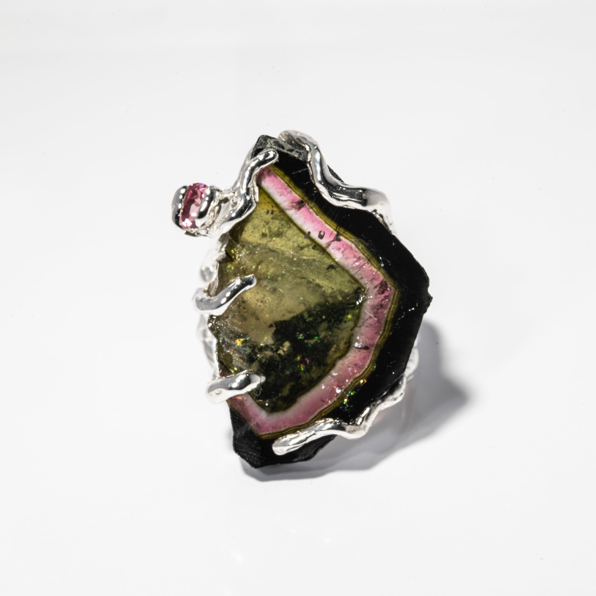 Каблучка з кавуновим та рожевим турмалінами