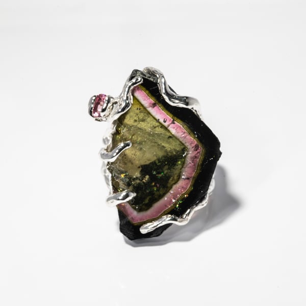 Каблучка з кавуновим та рожевим турмалінами